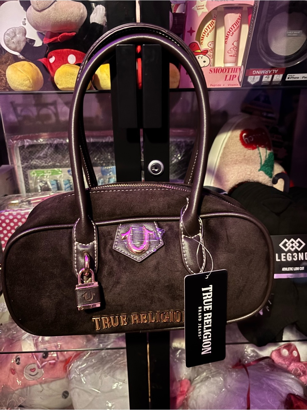 True Religion Brown Suede Shoulder Bag with Gold Hardware